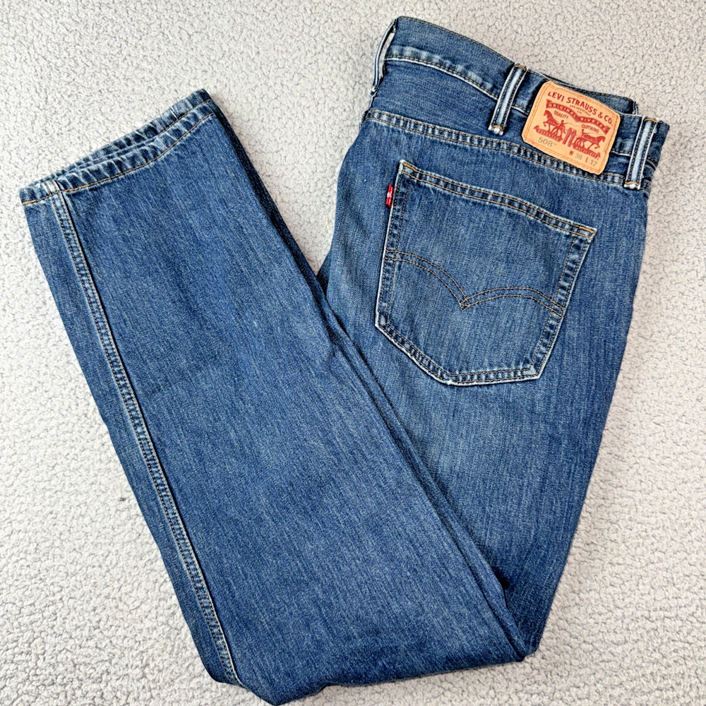 Levis 508 Tapered Jeans Mens 38x32 Dark Blue Denim Distressed Knees
